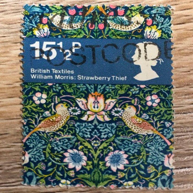 Postage Stamp Necklace - 1982 UK British Textiles Strawberry Thief