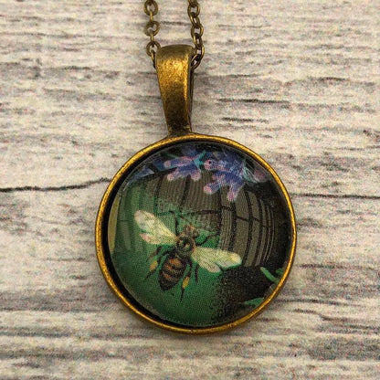 Postage Stamp Necklace - 1987 Bulgaria Green Bee