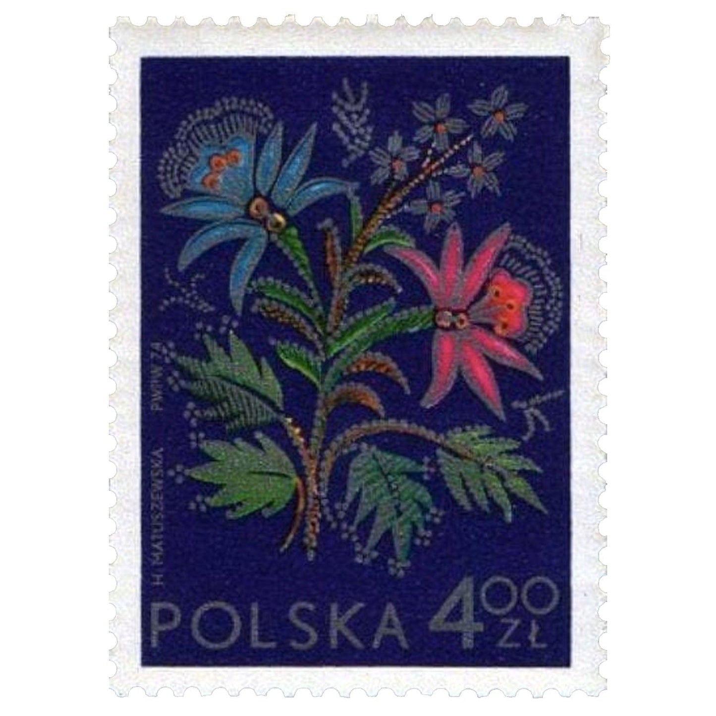 Postage Stamp Necklace - 1974 Poland Silesian Embroidery