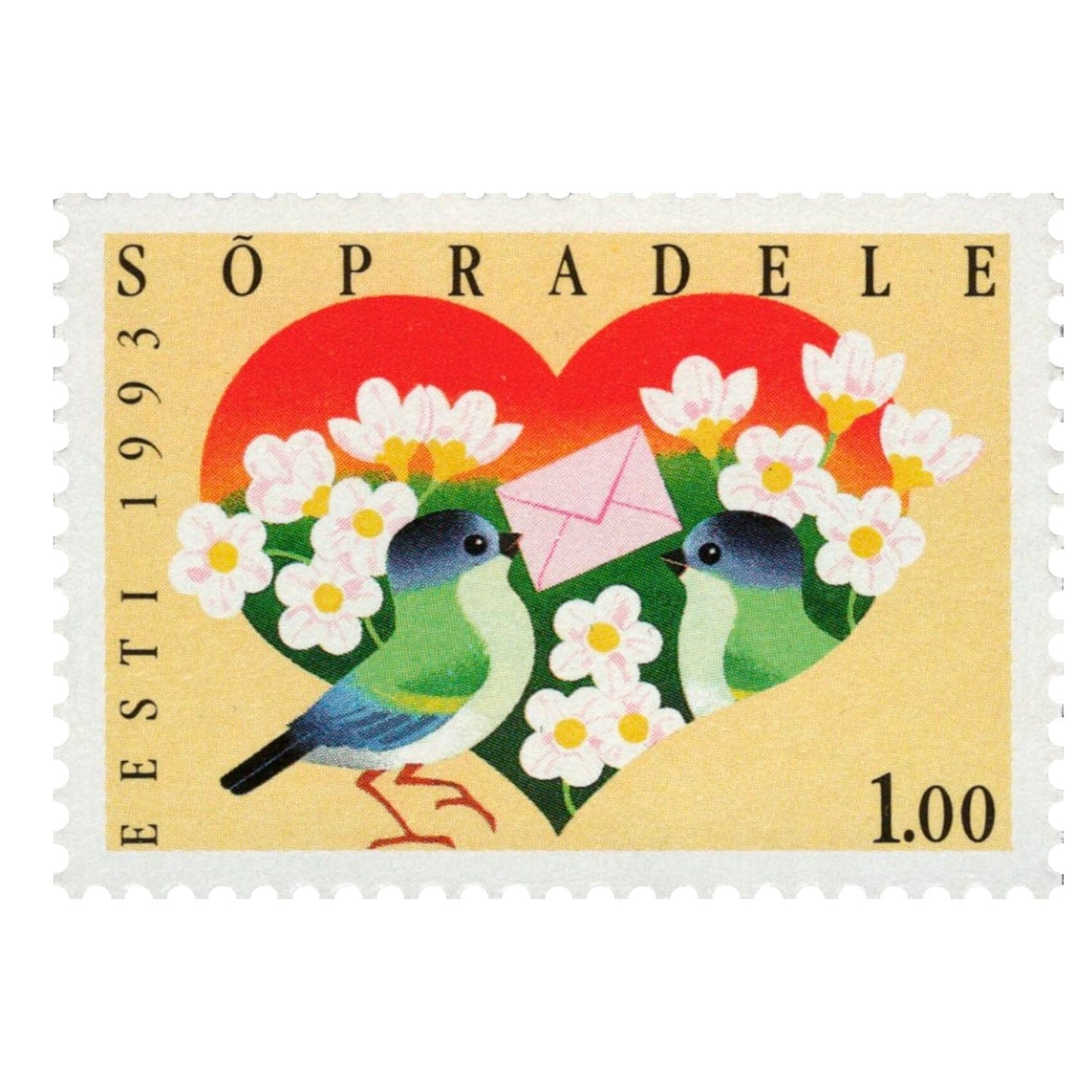 Postage Stamp Necklace - 1993 Estonia Love Bird
