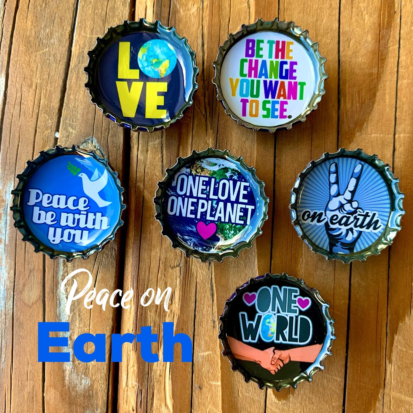 Bottle Cap Magnets - Peace On Earth