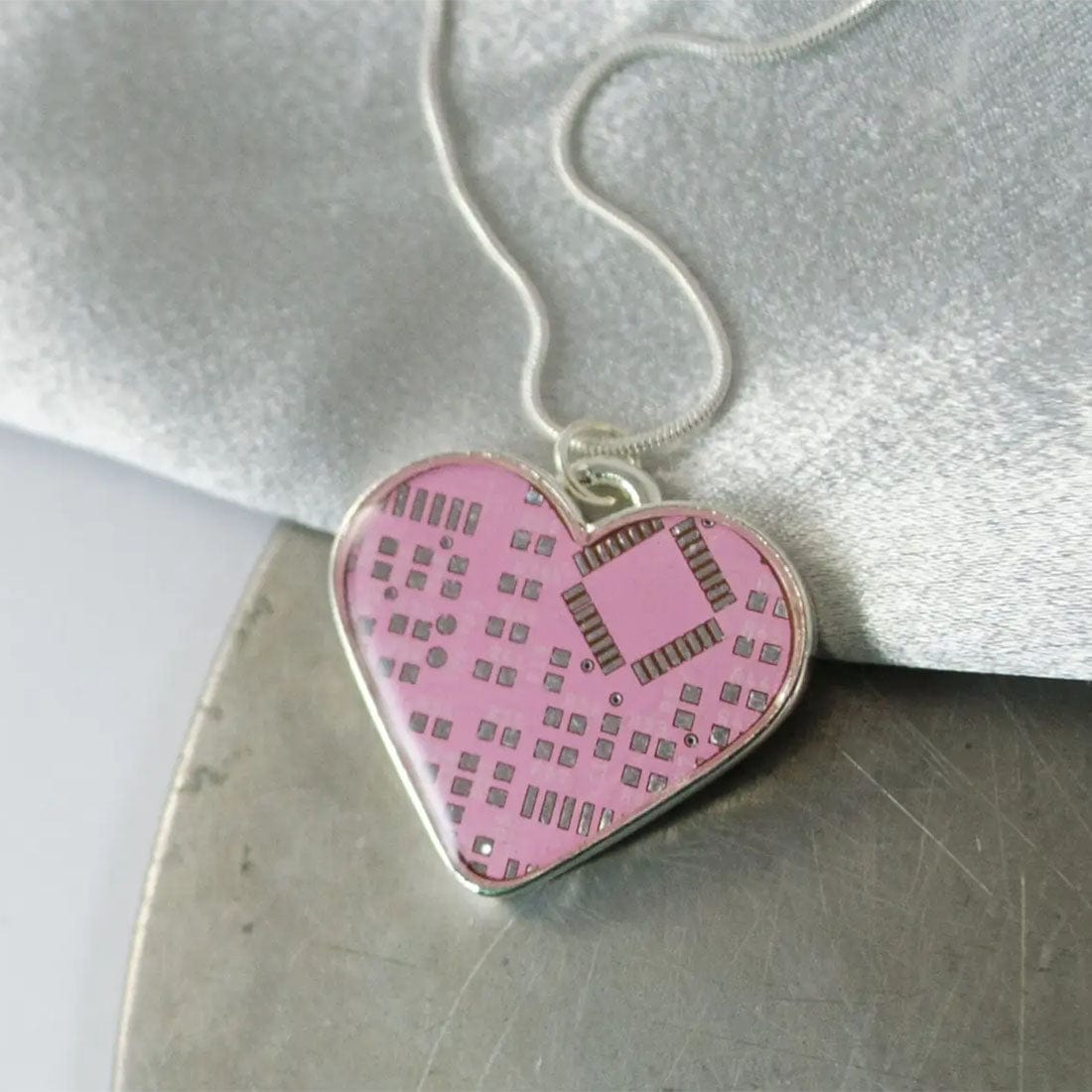 Circuit Board Pink Heart Charm Necklace