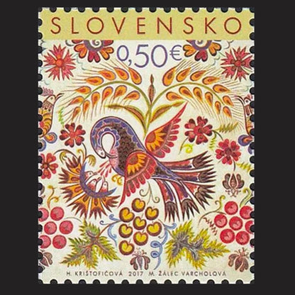 Postage Stamp Necklace - 2017 Slovakia Bird Folk Painting